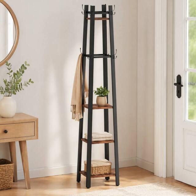 STILVORA Coat Stand with 4 Shelves & 8 Hooks in Brown - image 1
