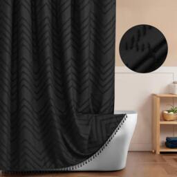 INHOUSOLU HOME DECOR Stylish Shower Curtain Tufted Textured Chevron Striped Tassel in Black - thumbnail 1