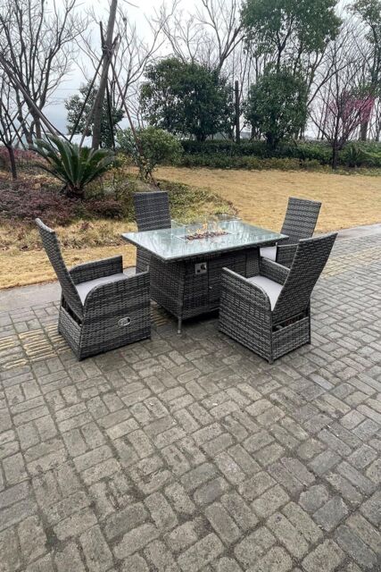 Fimous Rattan Gas Fire Pit Oblong Dining Table Gas Heater Adjustable Chair & Table Set 4 Seat in Dark Grey - image 1