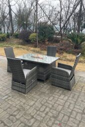 Fimous Rattan Gas Fire Pit Oblong Dining Table Gas Heater Adjustable Chair & Table Set 4 Seat in Dark Grey - thumbnail 5