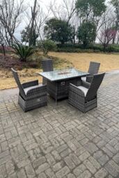 Fimous Rattan Gas Fire Pit Oblong Dining Table Gas Heater Adjustable Chair & Table Set 4 Seat in Dark Grey