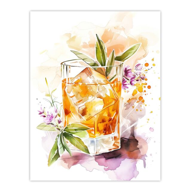"Artery8 Whiskey Smash Blue Basil Cocktail Bar Watercolour Wall Art Print in Orange - Size: W24"" x H32""" - image 1