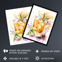 "Artery8 Whiskey Smash Blue Basil Cocktail Bar Watercolour Wall Art Print in Orange - Size: W24"" x H32""" - thumbnail 2