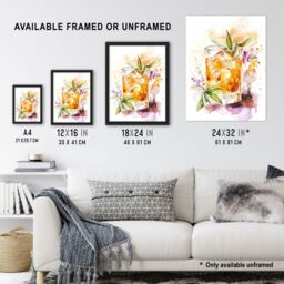 "Artery8 Whiskey Smash Blue Basil Cocktail Bar Watercolour Wall Art Print in Orange - Size: W24"" x H32""" - thumbnail 3