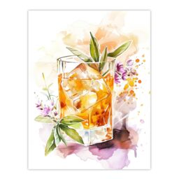 "Artery8 Whiskey Smash Blue Basil Cocktail Bar Watercolour Wall Art Print in Orange - Size: W24"" x H32""" - thumbnail 1