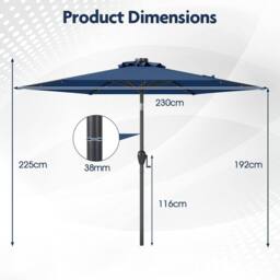 Costway 230 cm Solar Powered Patio Umbrella Heavy Duty Market Umbrella in Blue - thumbnail 3