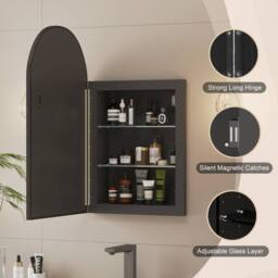 KEEPREAPER Brushed Black Arch Bathroom Mirror Cabinet 42x68cm Wall Mounted - Size: 42x68 cm - thumbnail 2