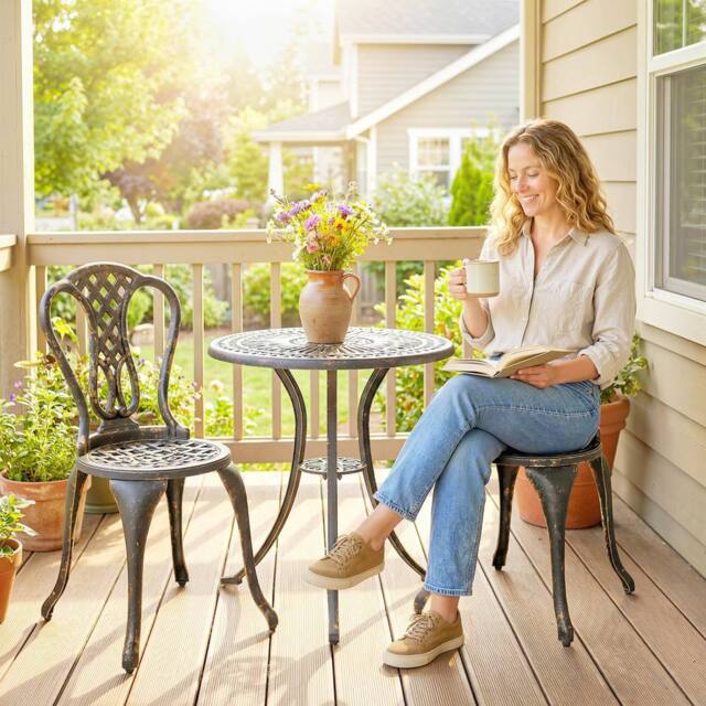 OUTSUNNY Outdoor Bistro Set Cast Aluminium Patio Furniture for 2, Brown in Bronze - image 1