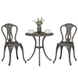 OUTSUNNY Outdoor Bistro Set Cast Aluminium Patio Furniture for 2, Brown in Bronze - thumbnail 2