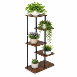 Kelvenix 5Tier Wood Metal Plant Stand Corner Flower Shelf in Brown - thumbnail 1