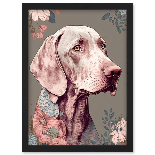Artery8 Weimaraner Dog Portrait with Flower Patterns Modern Detailed Illustration Artwork Framed Wall Art Print A4 in Black - image 1