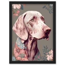 Artery8 Weimaraner Dog Portrait with Flower Patterns Modern Detailed Illustration Artwork Framed Wall Art Print A4 in Black - thumbnail 1