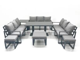Fimous 12 Seater Garden Sofa Set Aluminium Furniture Rising Dining Tabe Set with Side Table 3 Footstools Dark Grey - thumbnail 1