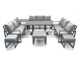 Fimous 12 Seater Garden Sofa Set Aluminium Furniture Rising Dining Tabe Set with Side Table 3 Footstools Dark Grey - thumbnail 2