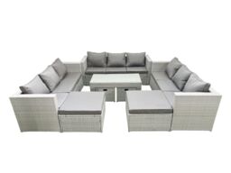 Fimous Outdoor Rattan Garden Furniture Set with Grey Cushions Luxury 13 Seater with Coffee Table For Conservatory, Patio in Light Grey