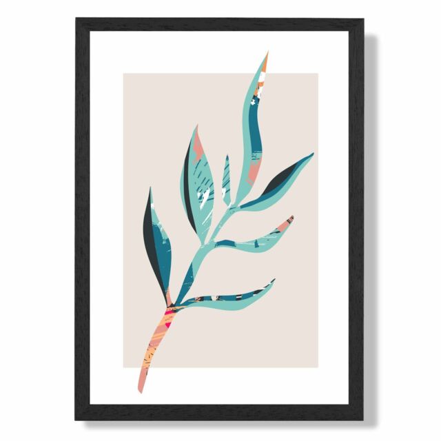 ARTZE Papyrus Leaf Blue & Pink Boho Botanical Framed Print SIZE: A4 with Black Frame in Mid Blue - image 1
