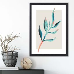 ARTZE Papyrus Leaf Blue & Pink Boho Botanical Framed Print SIZE: A4 with Black Frame in Mid Blue - thumbnail 2