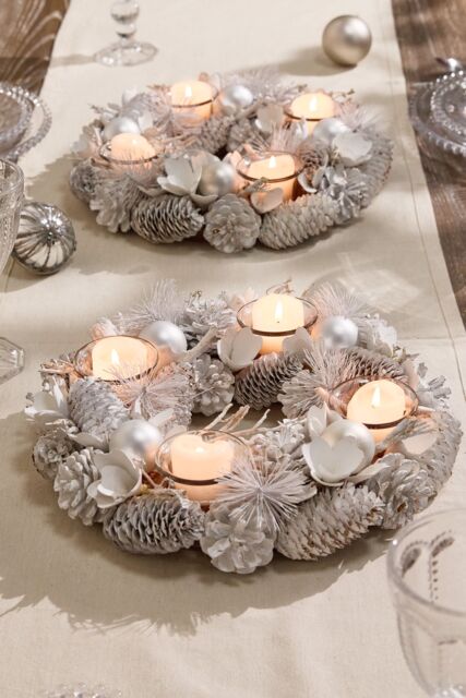 Dibor Set of 2 White Frosted Round Table Centrepiece Christmas Decoration Candle Holders Tealight Holder 30cm - Size: 2 Pack - image 1