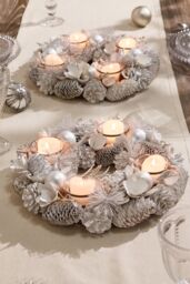 Dibor Set of 2 White Frosted Round Table Centrepiece Christmas Decoration Candle Holders Tealight Holder 30cm - Size: 2 Pack - thumbnail 1