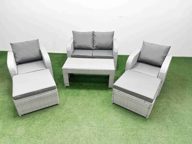 Fimous Light Grey PE Wicker Rattan Garden Furniture Set Sofa Set Reclining Adjustable Chair Oblong Coffee Table 6 Seater 2 Big Stools - image 1