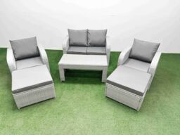 Fimous Light Grey PE Wicker Rattan Garden Furniture Set Sofa Set Reclining Adjustable Chair Oblong Coffee Table 6 Seater 2 Big Stools - thumbnail 1