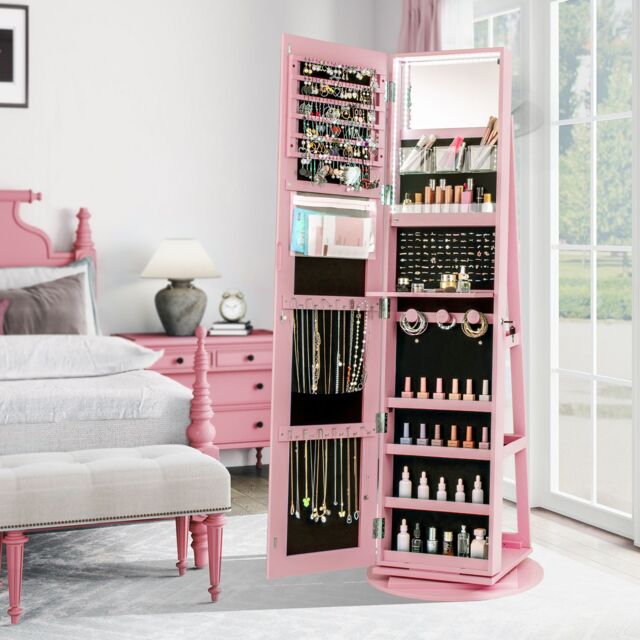 Costway 360° Rotating Jewelry Armoire Standing Jewelry & Makeup Cabinet in Pink - image 1