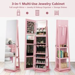 Costway 360° Rotating Jewelry Armoire Standing Jewelry & Makeup Cabinet in Pink - thumbnail 7