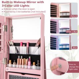 Costway 360° Rotating Jewelry Armoire Standing Jewelry & Makeup Cabinet in Pink - thumbnail 9