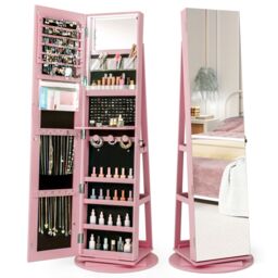 Costway 360° Rotating Jewelry Armoire Standing Jewelry & Makeup Cabinet in Pink - thumbnail 3