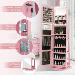 Costway 360° Rotating Jewelry Armoire Standing Jewelry & Makeup Cabinet in Pink - thumbnail 6