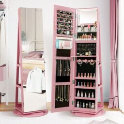 Costway 360° Rotating Jewelry Armoire Standing Jewelry & Makeup Cabinet in Pink - thumbnail 5