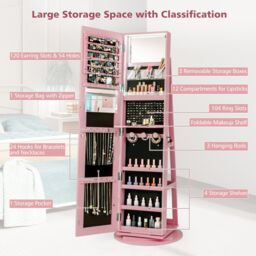 Costway 360° Rotating Jewelry Armoire Standing Jewelry & Makeup Cabinet in Pink - thumbnail 8