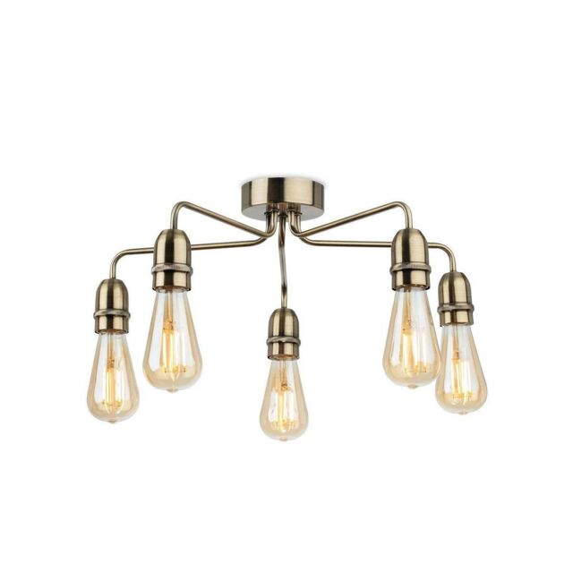 Netlighting Leon Industrial 5 Light Flush Ceiling Fitting Antique Brass in Gold