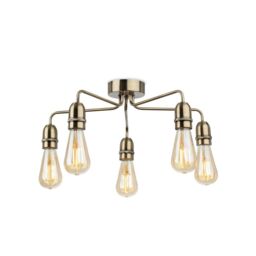 Netlighting Leon Industrial 5 Light Flush Ceiling Fitting Antique Brass in Gold