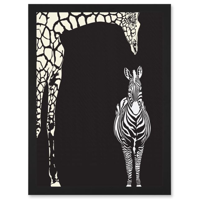 Artery8 Zebra & Giraffe B&W Zoo A4 Artwork Framed Wall Art Print in Black - image 1