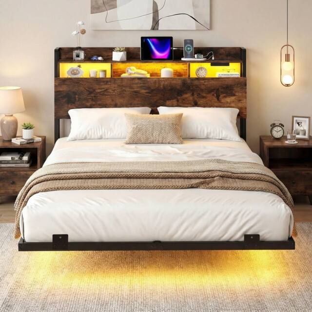 Costway King Size Floating Platform Bed Frame w/ LED Lights & Charging Station in Brown - image 1