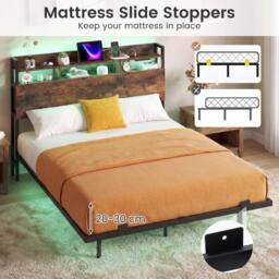 Costway King Size Floating Platform Bed Frame w/ LED Lights & Charging Station in Brown - thumbnail 4