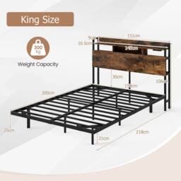 Costway King Size Floating Platform Bed Frame w/ LED Lights & Charging Station in Brown - thumbnail 2