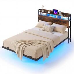 Costway King Size Floating Platform Bed Frame w/ LED Lights & Charging Station in Brown - thumbnail 3