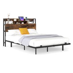 Costway King Size Floating Platform Bed Frame w/ LED Lights & Charging Station in Brown - thumbnail 8