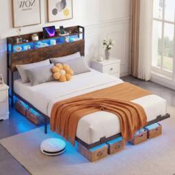 Costway King Size Floating Platform Bed Frame w/ LED Lights & Charging Station in Brown - thumbnail 7