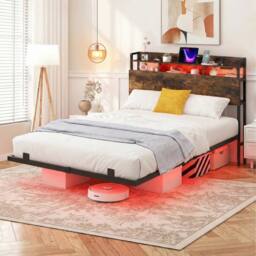 Costway King Size Floating Platform Bed Frame w/ LED Lights & Charging Station in Brown - thumbnail 5
