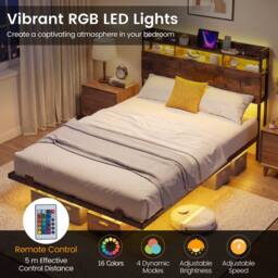 Costway King Size Floating Platform Bed Frame w/ LED Lights & Charging Station in Brown - thumbnail 9
