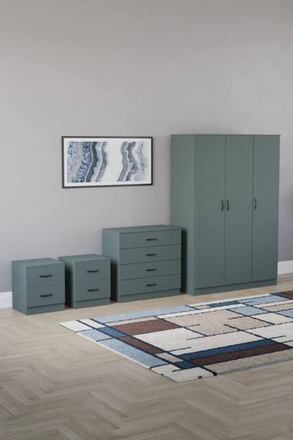 Home Discount Vida Designs 4Pc Bedroom Set 2xBedside, 4 Drawer Chest, 3 Dr Wardrobe in Green - image 1