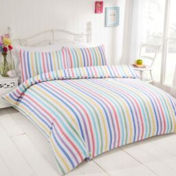 Rapport Home Candy Stripe Pure Cotton Luxury Duvet Cover Set with Pillowcase in White - Size: Super King