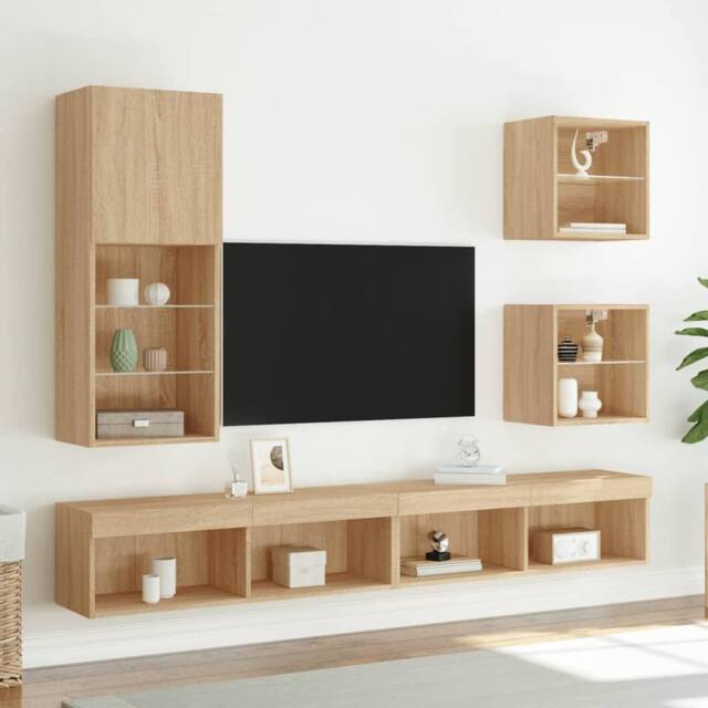 Berkfield Home TV Cabinet with LED Lights Sonoma Oak 40.5x30x102 cm in Light Tan - image 1