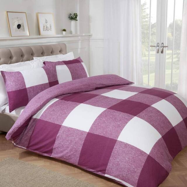 Smart Living Luxury Gingham Check Plain Reversible Duvet Cover With Pillowcases in Plum - Size: Double - image 1