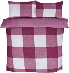 Smart Living Luxury Gingham Check Plain Reversible Duvet Cover With Pillowcases in Plum - Size: Double - thumbnail 2