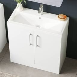 Balterley Modern Bathroom 2 Soft-Close Door Floor Standing Vanity Unit with Mid-Edge Basin, Gloss White, 800 mm in White - thumbnail 4
