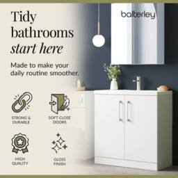 Balterley Modern Bathroom 2 Soft-Close Door Floor Standing Vanity Unit with Mid-Edge Basin, Gloss White, 800 mm in White - thumbnail 7